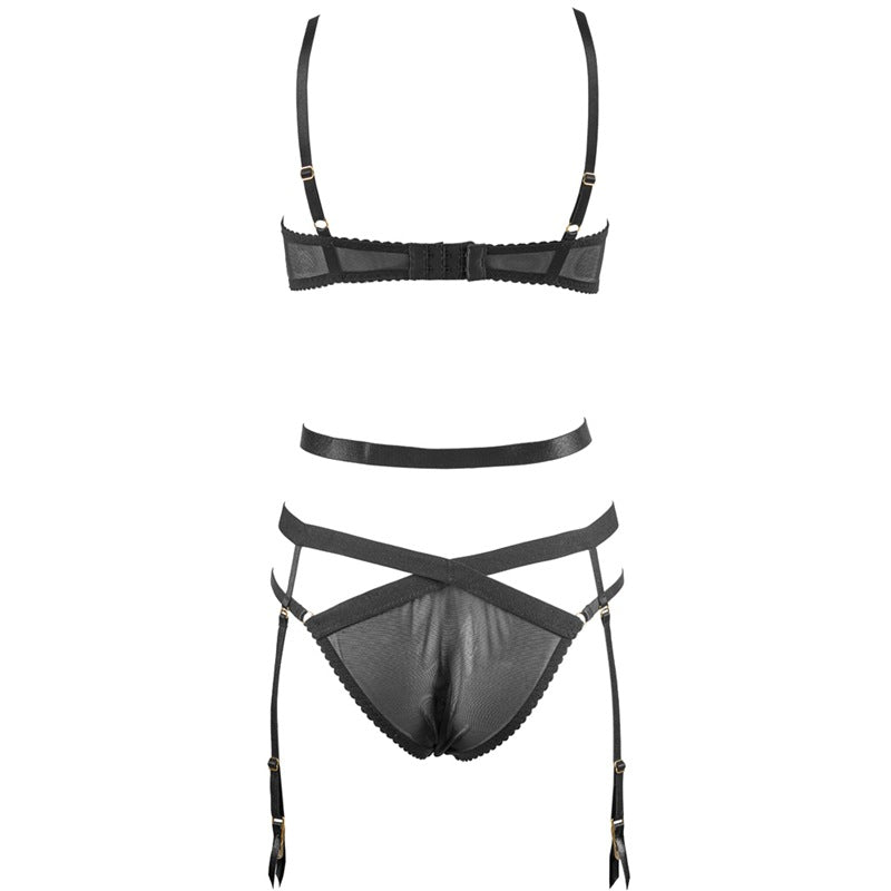 FREEDOMBEAUTY | FQ2657 Cross Strap Hollow Rim Bra Set Women's Sexy Removable Garter Briefs Low Waist Black