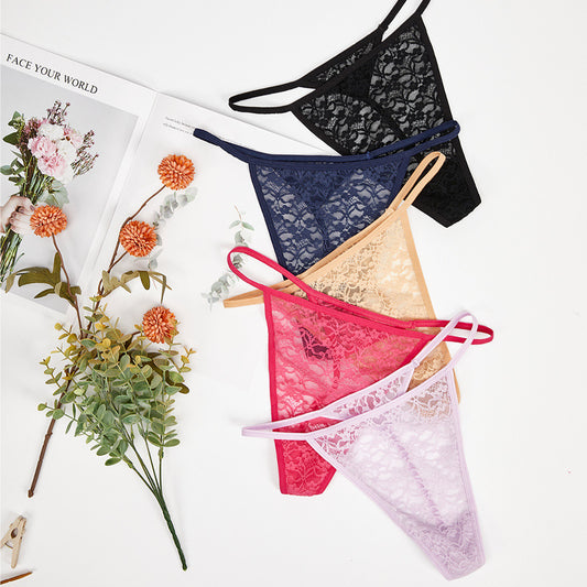 FREEDOMBEAUTY | European and American lace trousers women's transparent mesh yarn one thread t-pants sexy and sexy underwear foreign trade explosion source factory