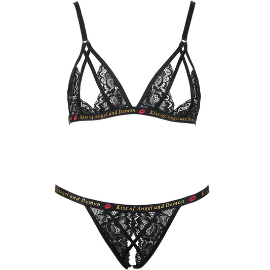 FREEDOMBEAUT | FQ2807 Letter with open crotch set steel ring bra onesie neck lace mesh perspective seduction black