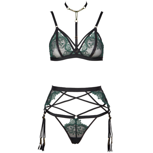 Freedombeauty | FQ2765 Premium Embroidered Mesh Thin Transparent Sex Underwear Rhinestone Removable T-Scrotch Garter Set