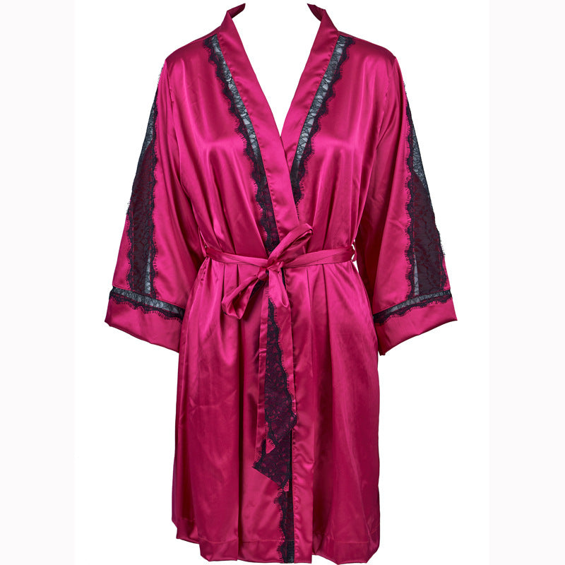 FREEDOMBEAUTY | FQ2825 high-quality satin satin splicing eyelash lace see-through nightgown seven-quarter sleeve air-conditioned room luxurious and noble