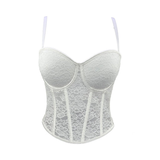 FREEDOMBEAUTY | European and American Spice Girls Sexy Mesh Fishbone Lace Suspender Vest Niche Design Sense Outside Wear with Chest Pad Steel Bras