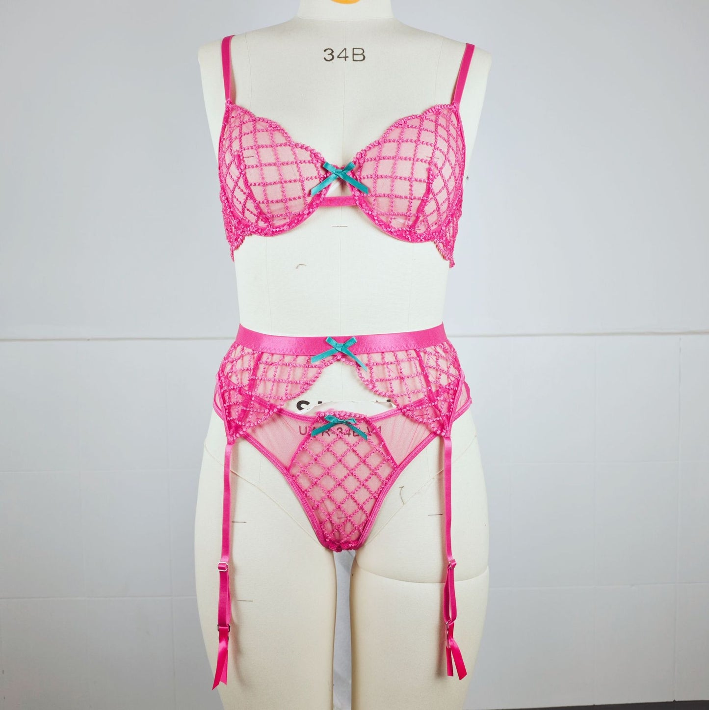 FREEDOMEBEAUTY | European and American cross-border new lake blue suspender embroidered bra steel tray perspective sexy underwear set trendy women's three-piece set