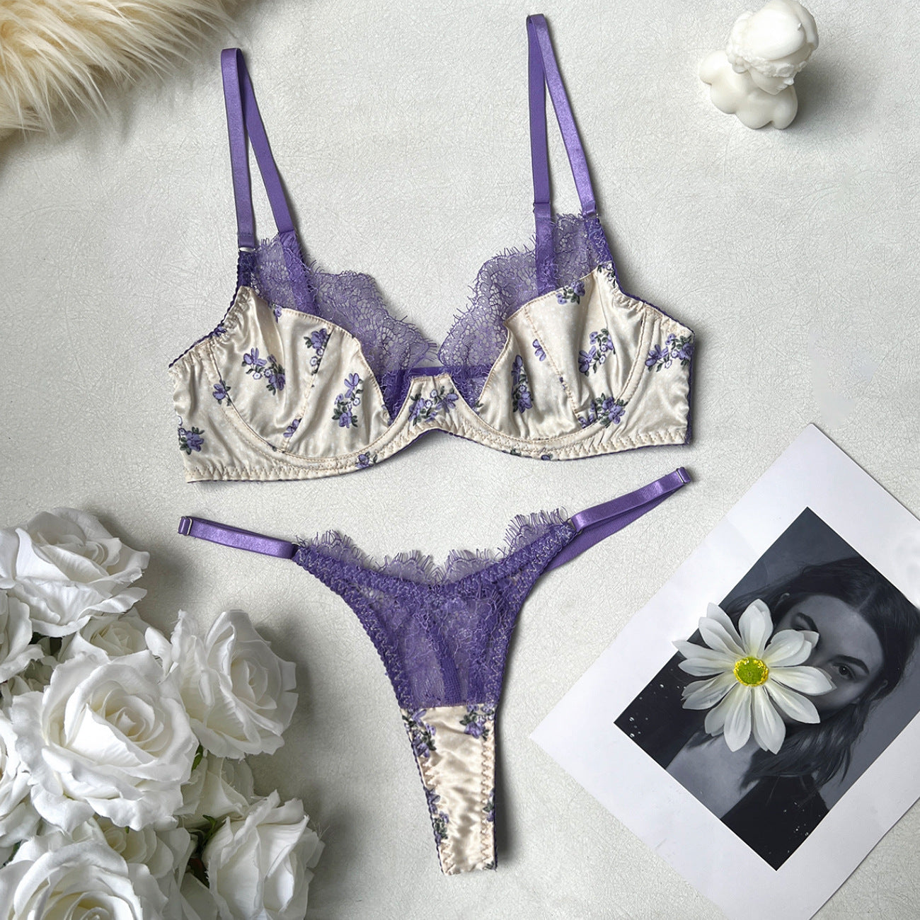 FREEDOMBEAUTY | DIER Cross-border foreign trade INS lace floral satin splicing sexy mesh underwear women's two-piece set