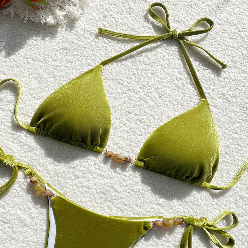 FREEDOMBEAUTY | 2025 new European and American solid color bikini strap-up three-point sexy beach hot spring swimsuit bikini
