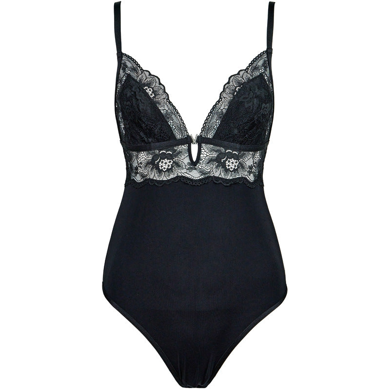 FREEDOMBEAUT | FQ2865 lace stretch cloth cotton crotch primer onesie European and American cross-border V-neck suspender women's black bodysuit