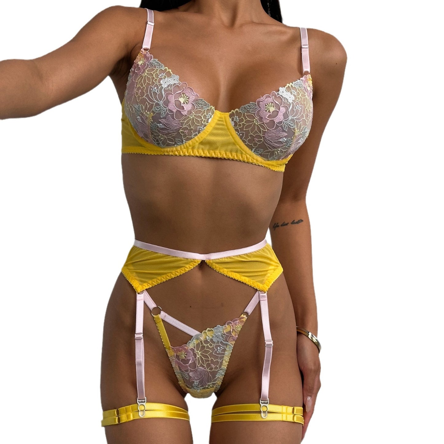 FREEDOMBEAUTY | European and American cross-border AliExpress Amazon explosive products exquisite embroidered flower bra set perspective sexy underwear set