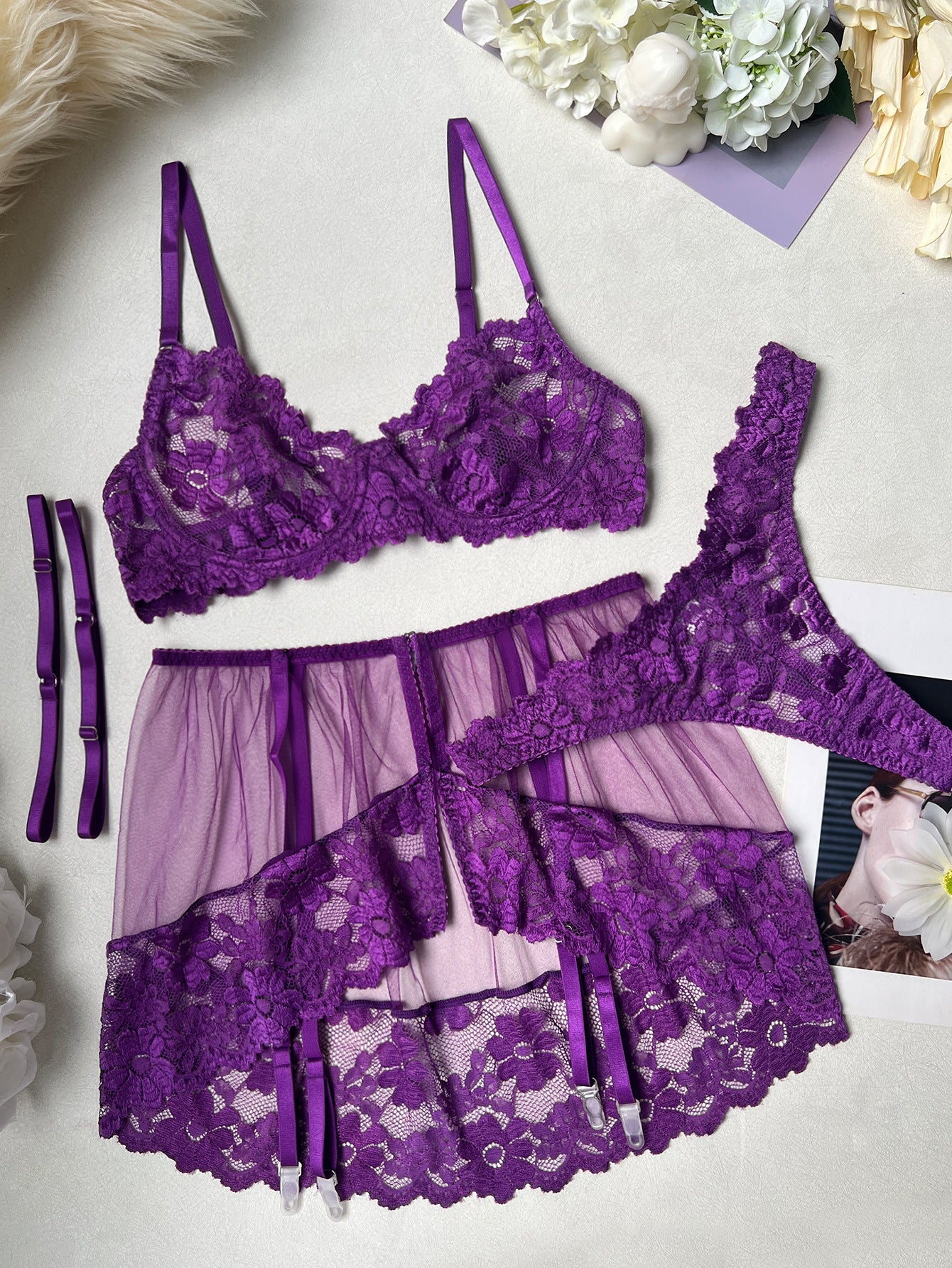 FREEDOMBEAUTY | DIER European and American Express New Lace Mesh Splicing Perspective Short Skirt Garter Belt Sexy Underwear Set