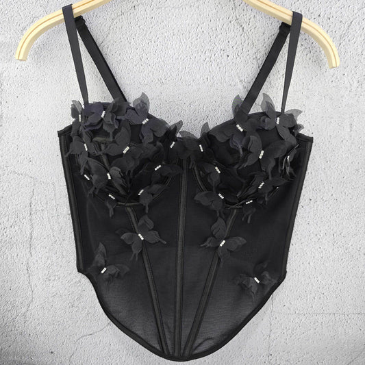 FREEDOMBEAUTY | Cross-border European and American new three-dimensional flower butterfly sling vest top slim-fitting pure desire wind sexy fish bone chest