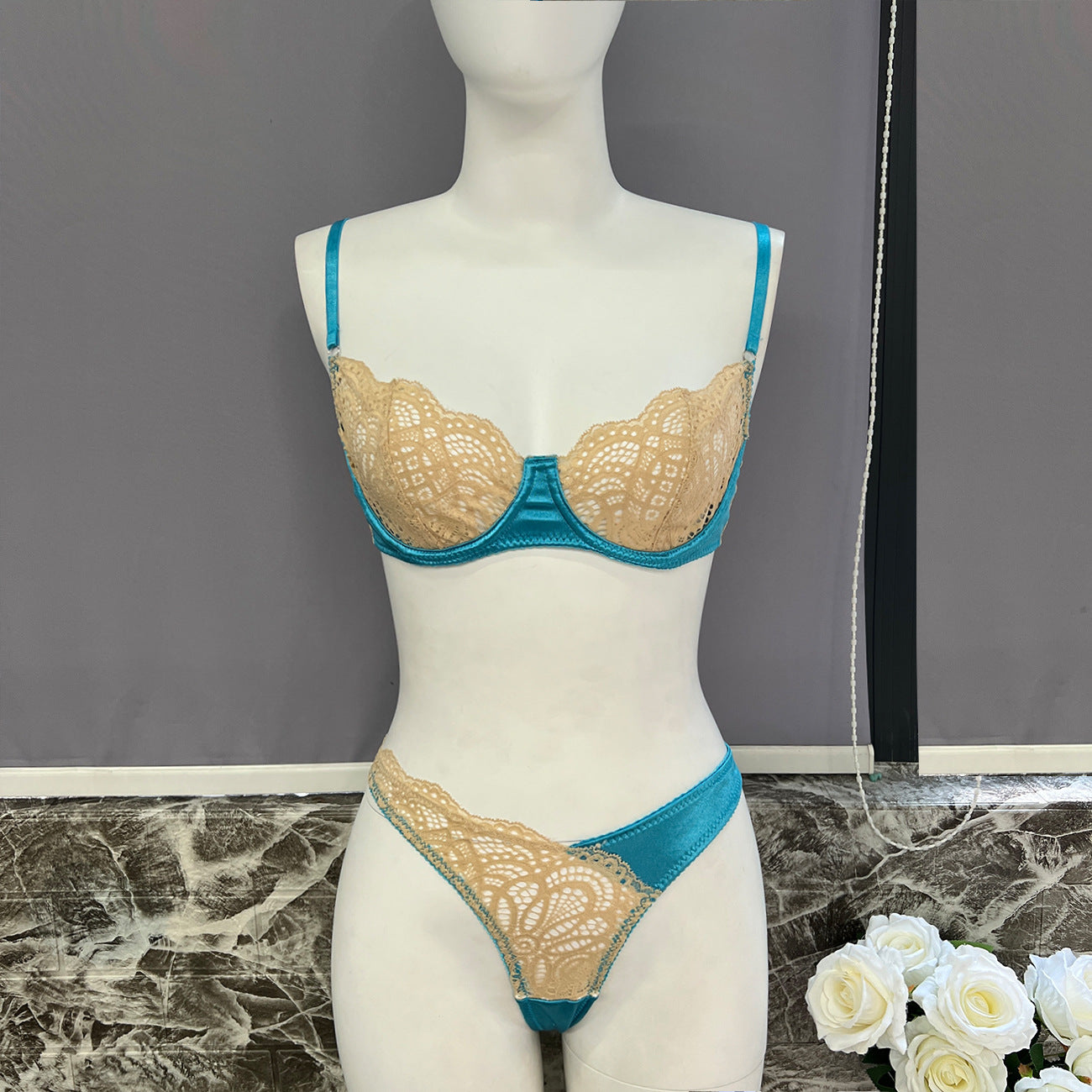 freedombeauty|New color matching lace mesh sex set perspective sexy two-piece set women