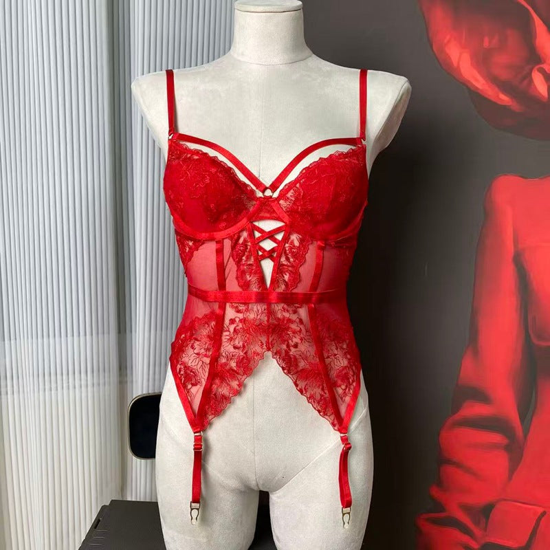 FREEDOMBEAUTY | FQ287234 Embroidery Underwear Set Series Mesh Perspective Sex Underwear Waist Women's Nightdress Cross-border Black