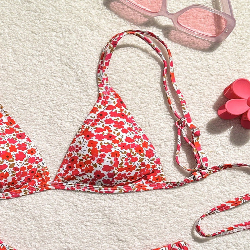 FREEDOMBEAUTY | 2025 new European and American floral lace-up bikini sexy split swimsuit women's beach hot spring swimsuit bikini