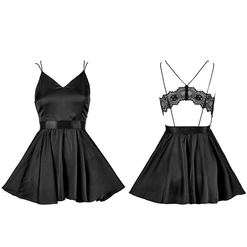 FREEDOMBEAUTY | FQ2662 Satin satin fine suspender lace halter dress women's nightdress dating European and American sexy little black dress