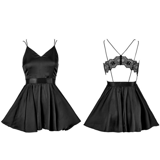 FREEDOMBEAUTY | FQ2662 Satin satin fine suspender lace halter dress women's nightdress dating European and American sexy little black dress