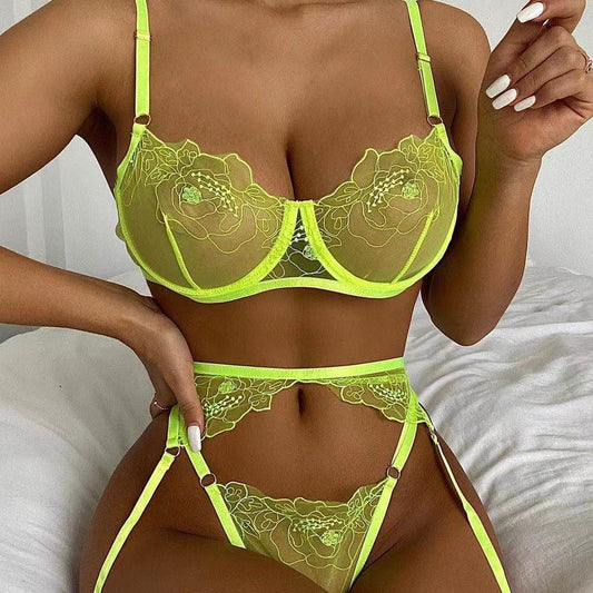 FREEDOMBEAUTY | Three-piece set of erotic underwear, hot-selling winter three-point fluorescent green perspective embroidery mesh splicing set