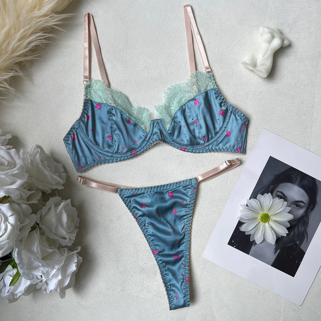 FREEDOMBEAUTY | DIER lace splicing print color Ting pure desire sexy lingerie comfortable steel ring gather bra panty set