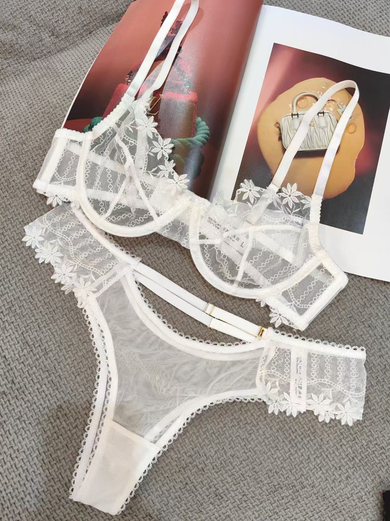 Freedombeauty | Summer underwear anti-sagging sexy mesh lace embroidery hollow comfortable breathable ultra-thin chest small bra set