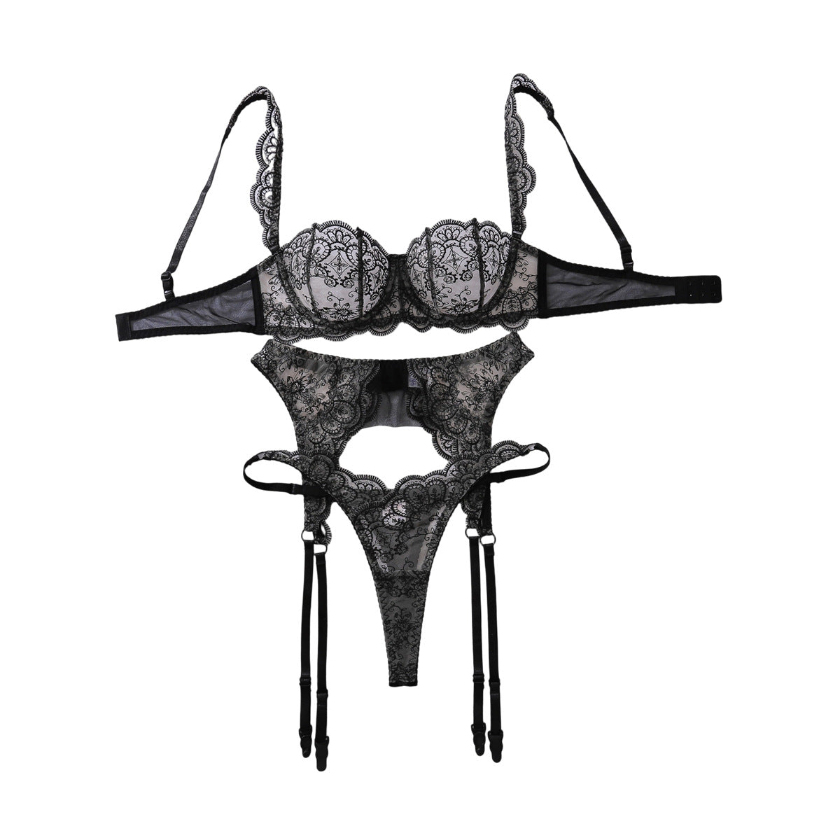 FREEDOMBEAUTY | Cross-border high-quality perspective flower embroidery steel ring gathers to shape the body, pure desire sexy underwear split set