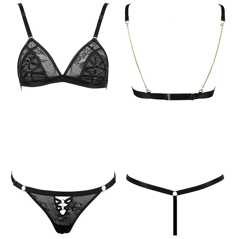 FREEDOMBEAUTY | FQ2844 Gold Chain Dual-purpose Shoulder Strap Lace Triangle Cup French Underwear No Steel Rim Low Waist Thong Set Black
