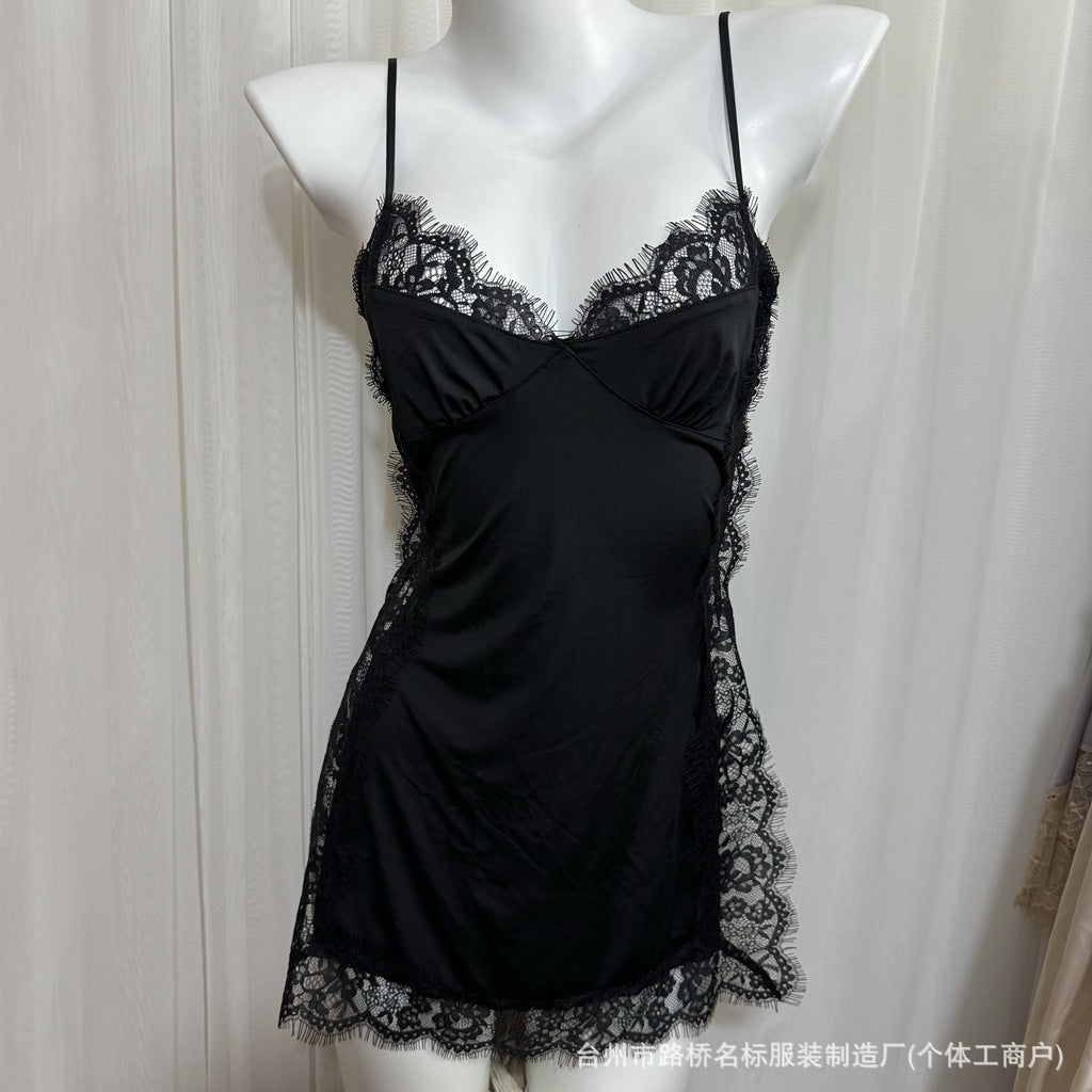 FREEDOMBEAUTY1002 black lace suspender nightdress sexy backless cross with sex pajamas French pure desire thin new