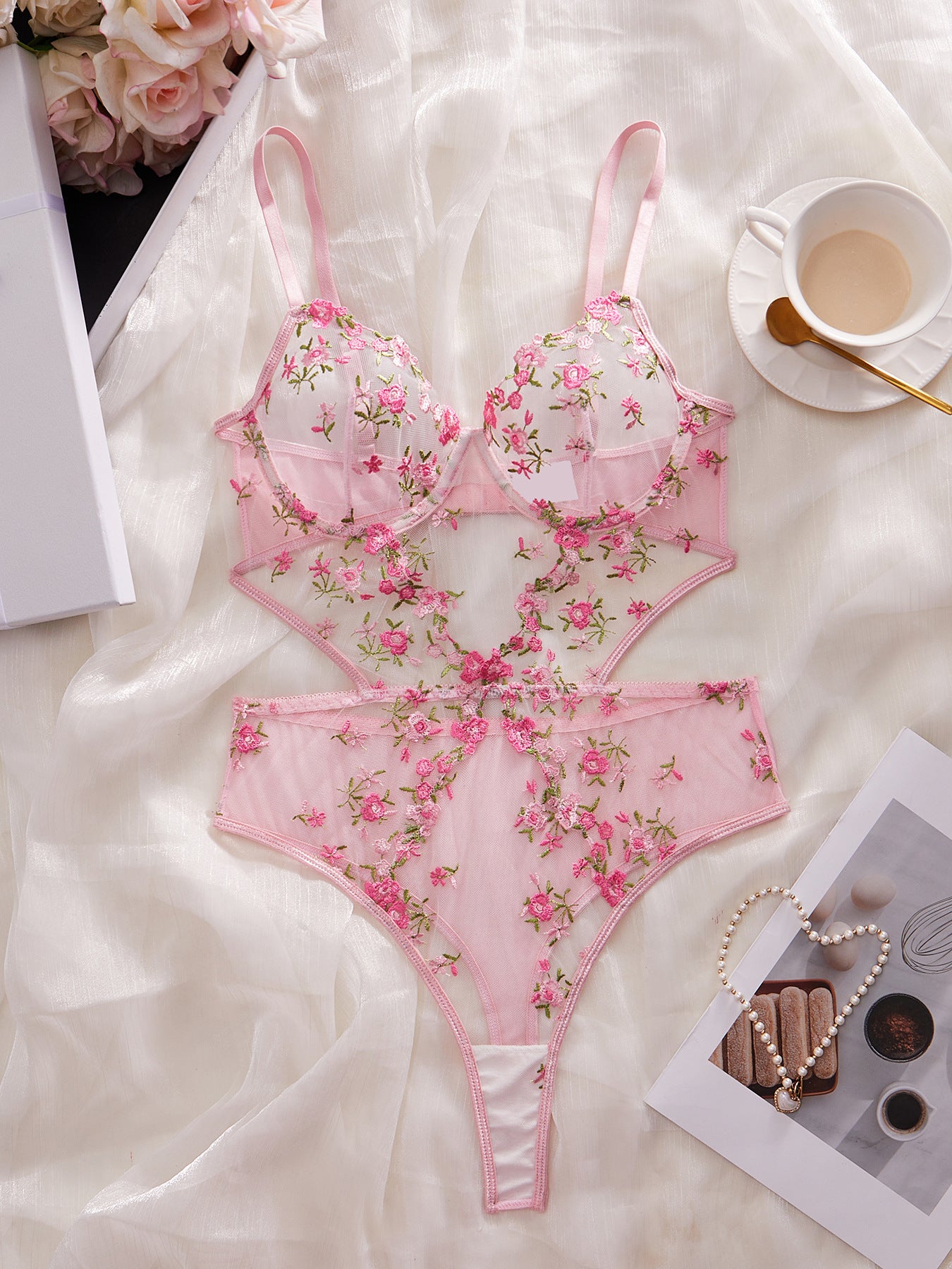FREEDOMBEAUTY | Sexy tights mesh flower embroidery hollow perspective gathering bra sex onesie