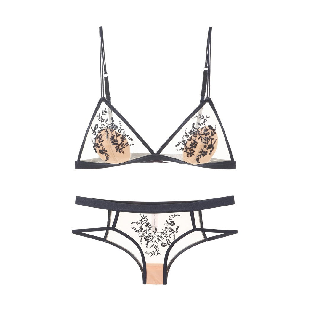FREEDOMBEAUTY | European and American sexy mesh embroidered lace underwear ultra-thin triangular cup steel-rimless bra big chest small bra set