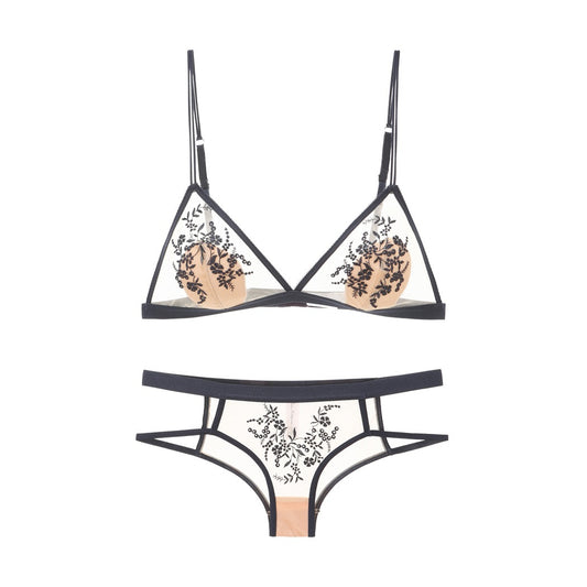 FREEDOMBEAUTY | European and American sexy mesh embroidered lace underwear ultra-thin triangular cup steel-rimless bra big chest small bra set