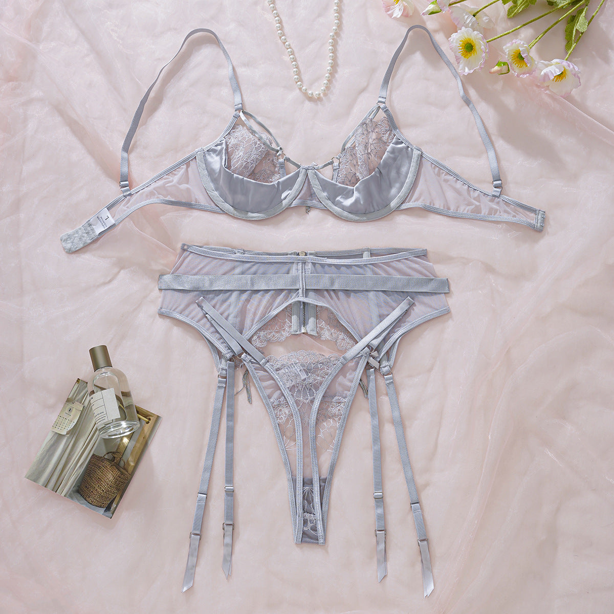 Freedombeauty | Sex Bra Set Perspective Embroidery Mesh Joining Sexy Underwear Three-piece Set