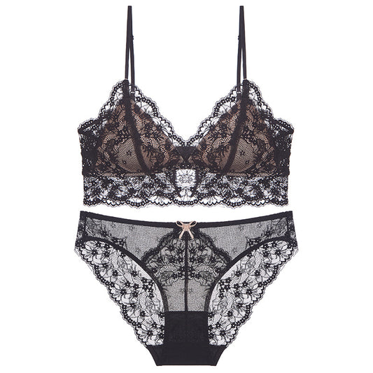 FREEDOMBEAUTY | Summer Sexy Lace Underwear Women's French Thin Thin Shoulder Strap Underwear Triangle Cup Steel Rim Free Bra Set