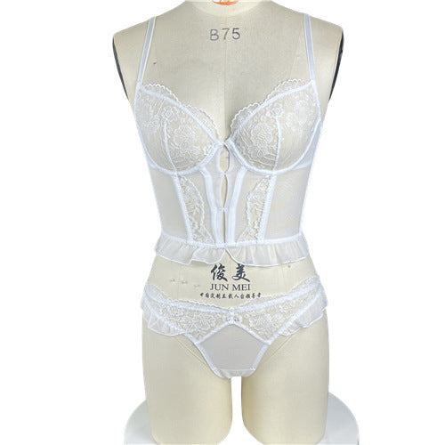FREEDOMBEAUTY | New ultra-thin underwear French pure desire hollow lace embroidered fishbone garment garter sexy mesh bra set