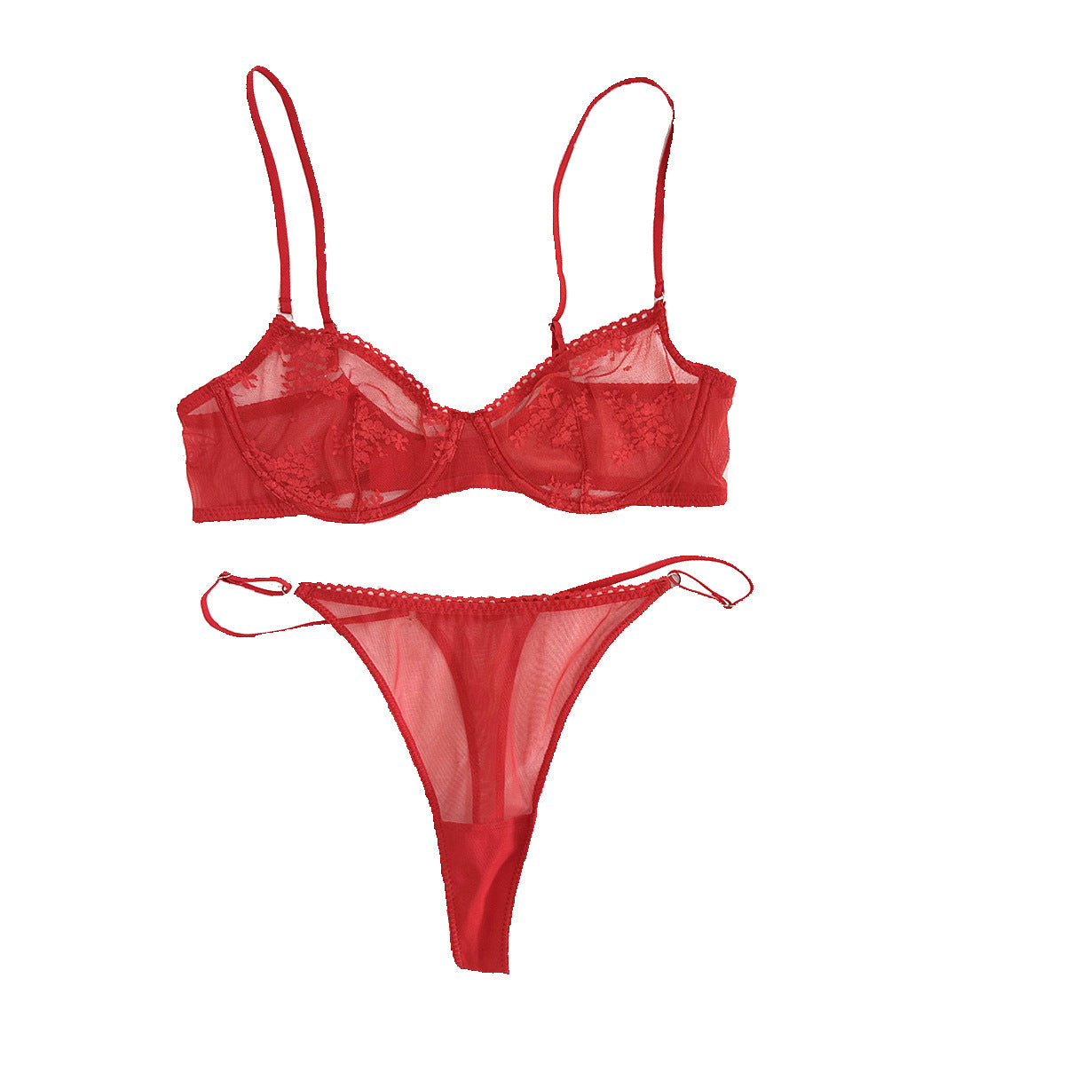 FREEDOMBEAUTY | Foreign trade sexy lace underwear French ultra-thin mesh flocked big chest small bra bra set Sexy Bra