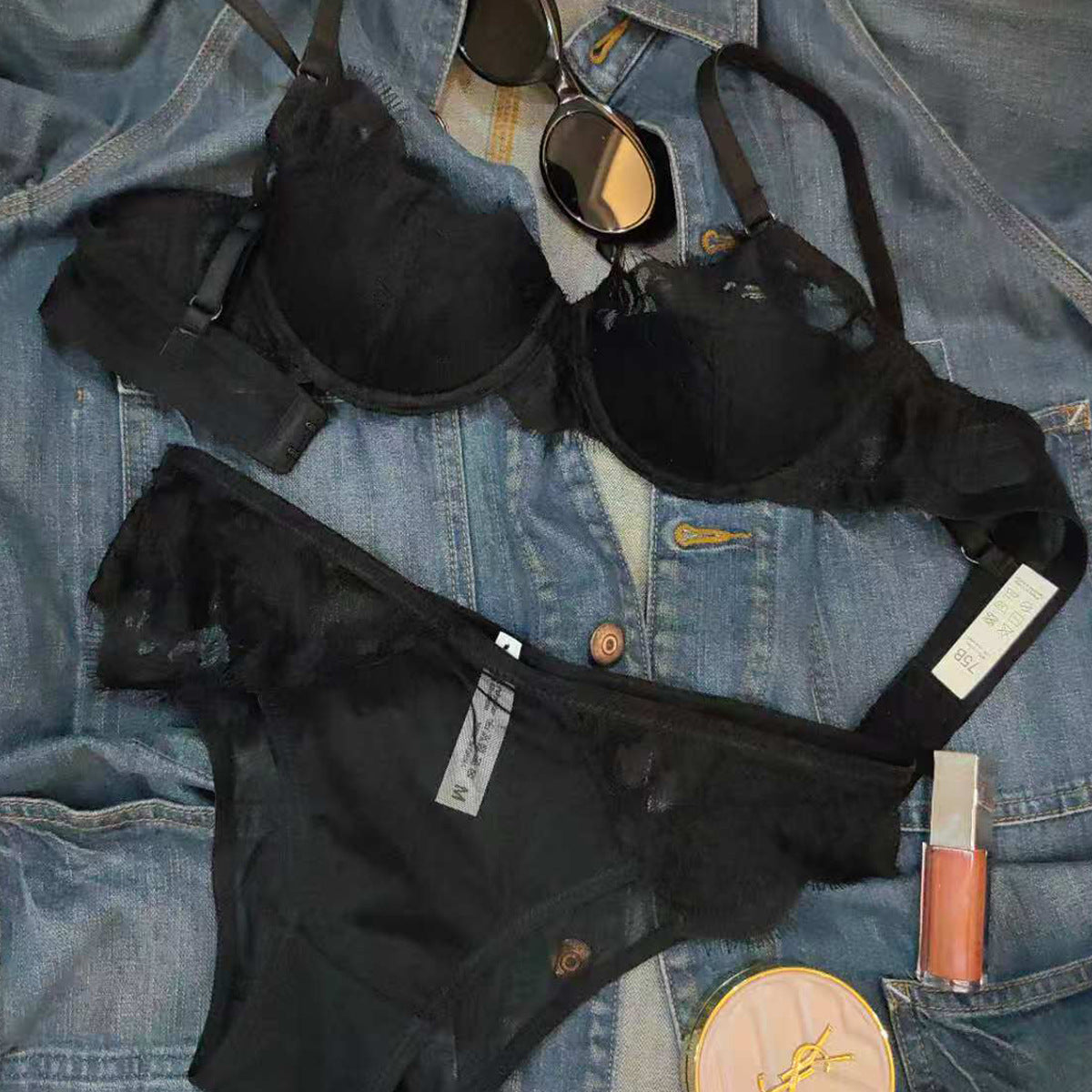 FREEDOMBEAUTY | European and American foreign trade French sexy underwear thin embroidered lace underwear women's big breasts show small anti-sagging bra set