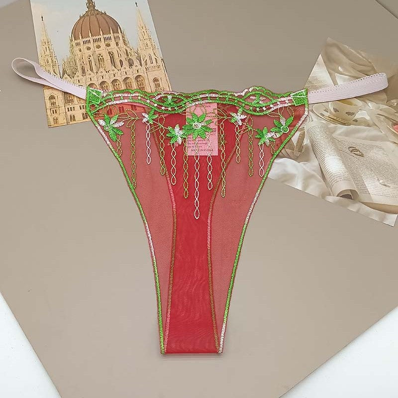 FREEDOMBEAUTY | Sexy low waist seduction lace perspective hollow women's thong transparent red mesh embroidery sexy cross-border