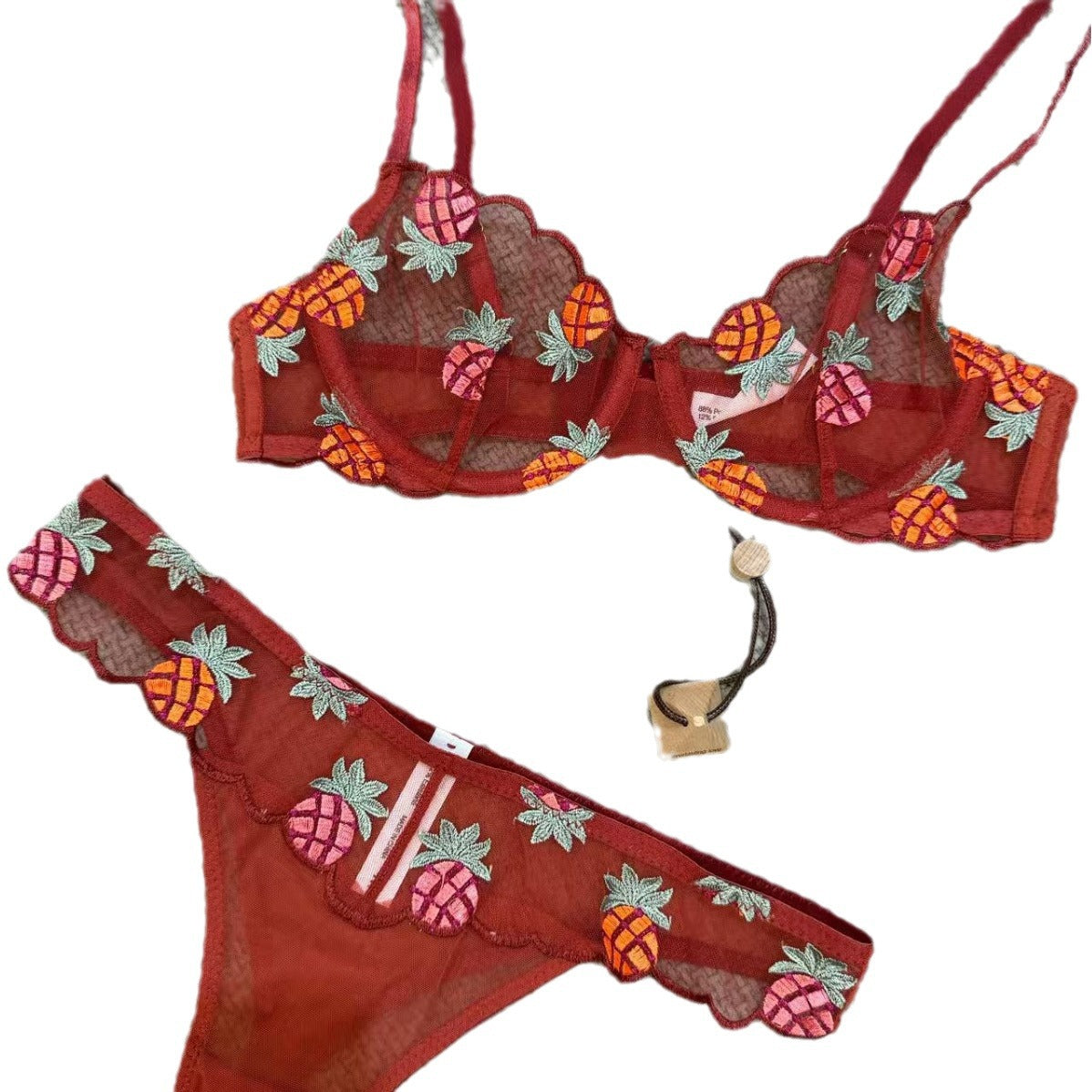 Freedombeauty | Sexy Underwear Lace Mesh Fruit Embroidery Sexy Perspective Big Breasts Small Red Bra Set