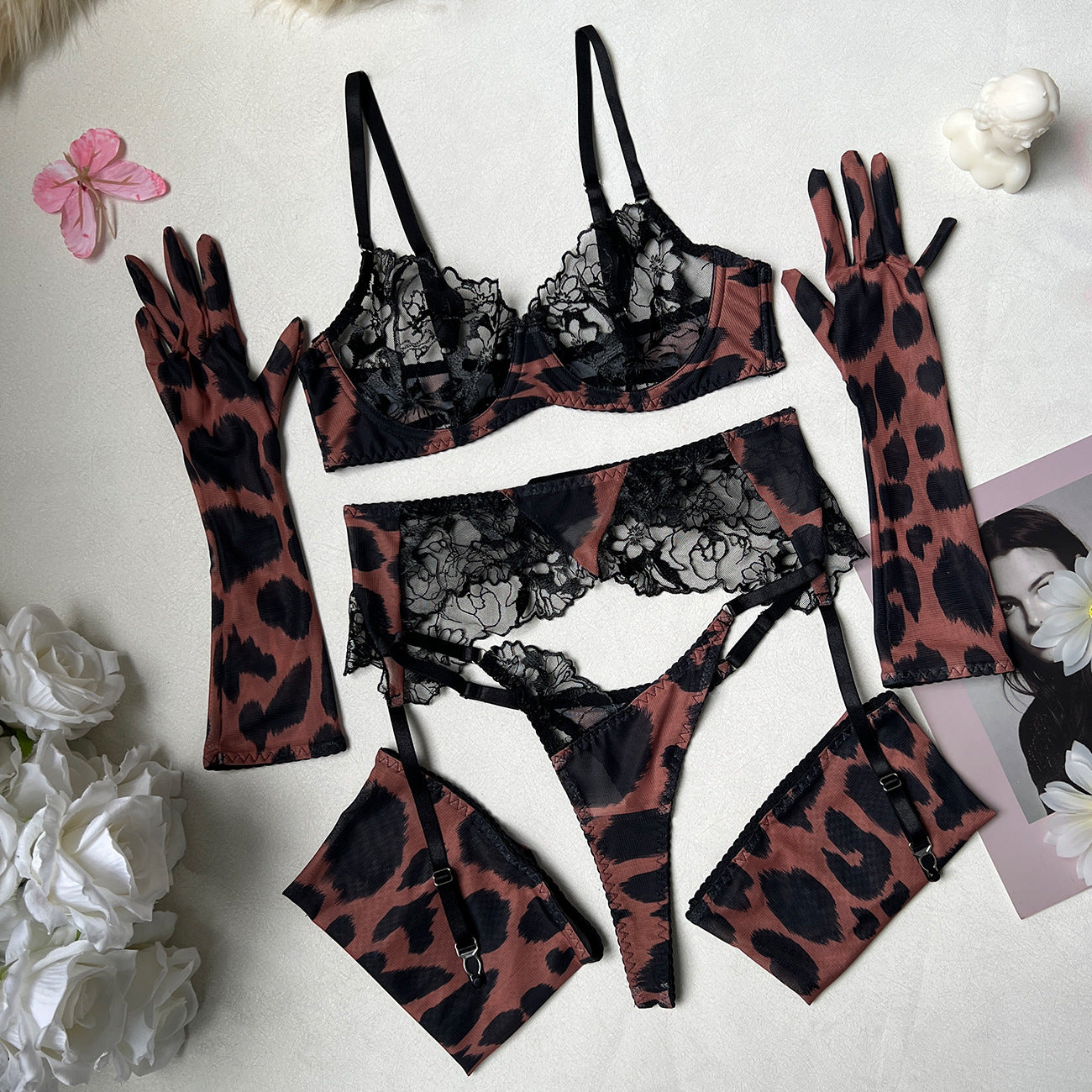 FREEDOMBEAUTY | Leopard print embroidered women's sexy underwear garter five-piece set, including gloves and stockings,