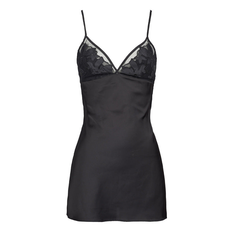 FREEDOMBEAUTY | FQ2721 Dimensional * Laser Embroidery Floral Sexy Suspender Nightdress Deep V Beautiful Back Dress Comfortable Slip Home Girl