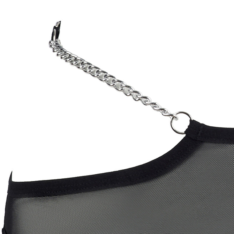 FREEDOMBEAUTY | FQ2702 European and American perspective sexy seamless Internet celebrity ins metal chain steel ring bra medium and high waist mesh briefs