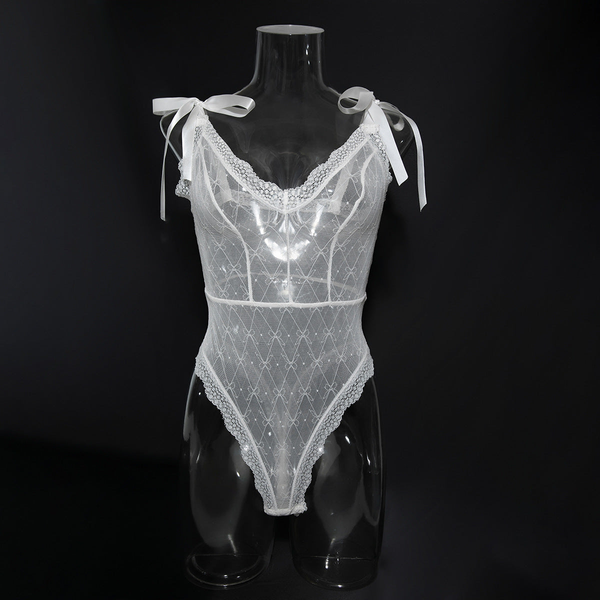 FREEDOMBEAUTY | European and American erotic underwear thin soft elastic bow lace simple shoulder strap open onesie 3768