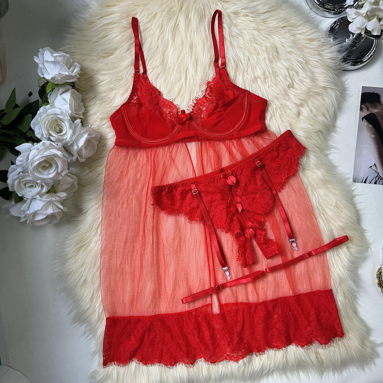 freedombeauty|New sex underwear sexy hot mesh perspective cute tulle nightdress seduction suit women