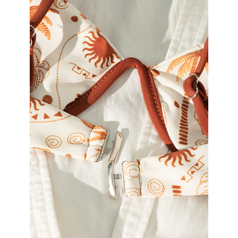 FREEDOMBEAUTY | 2025 new European and American coconut tree print split swimsuit female sexy lace-up bikini beach hot spring swimsuit