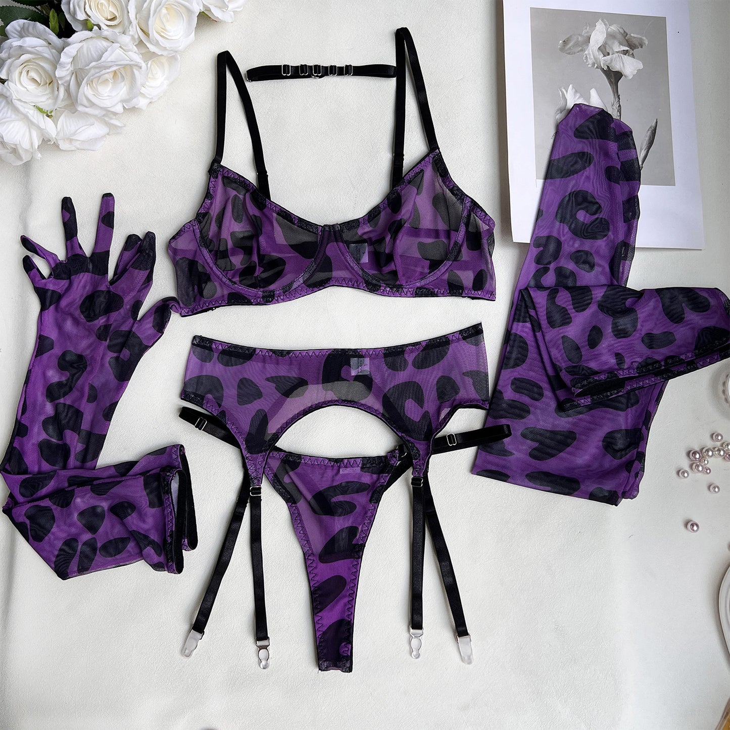 freedombeauty|ins Leopard print sexy underwear 5-piece set New leopard print sexy underwear fun kit