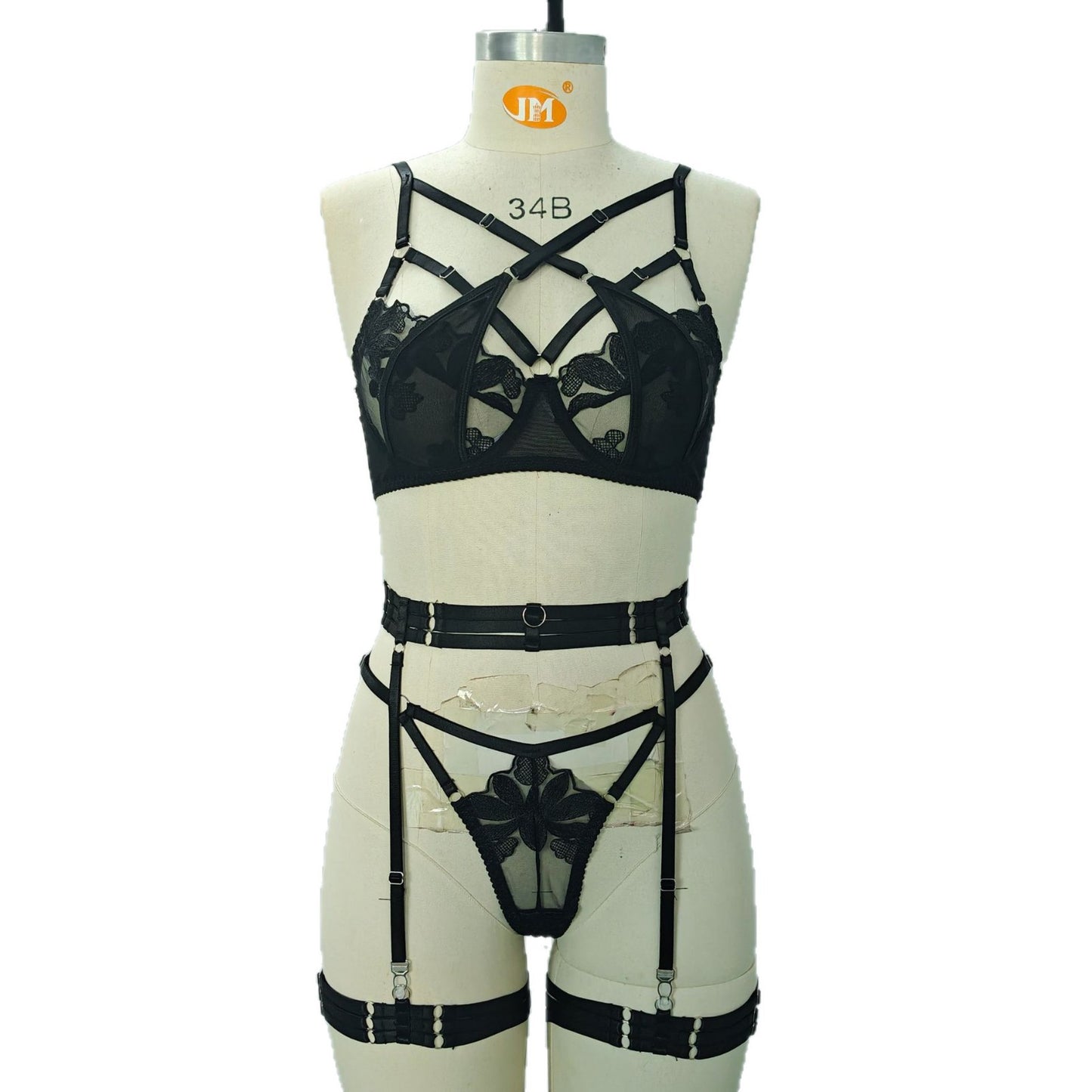 FREEDOMBEAUTY | European and American style cross-border foreign trade new black embroidery splicing mesh yarn strap waist seal garter women's bra set
