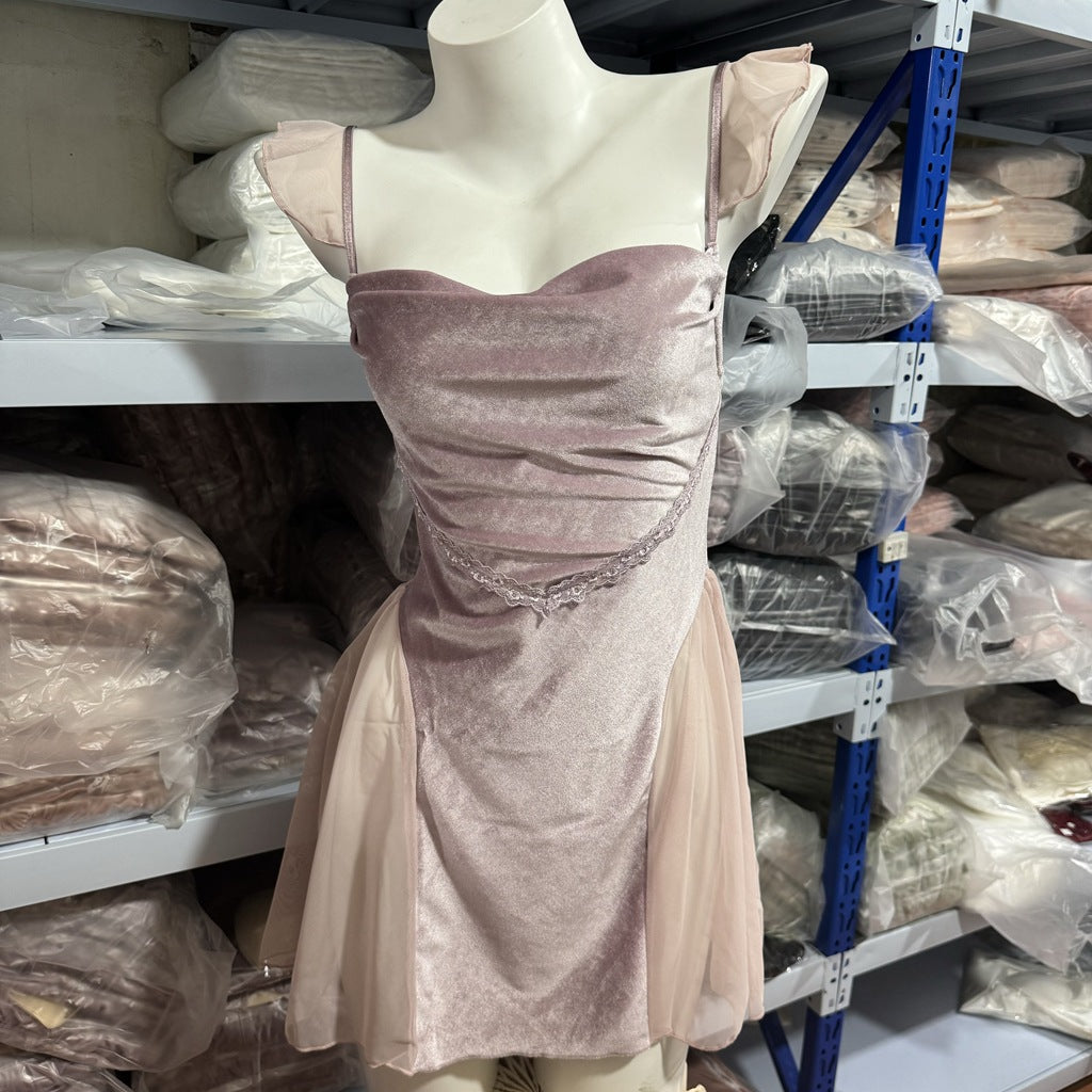 FREEDOMBEAUTY | 8012 New Sexy Women's Velvet Zhao Ruth Same Mesh Ribbon Dress Dress Pajamas