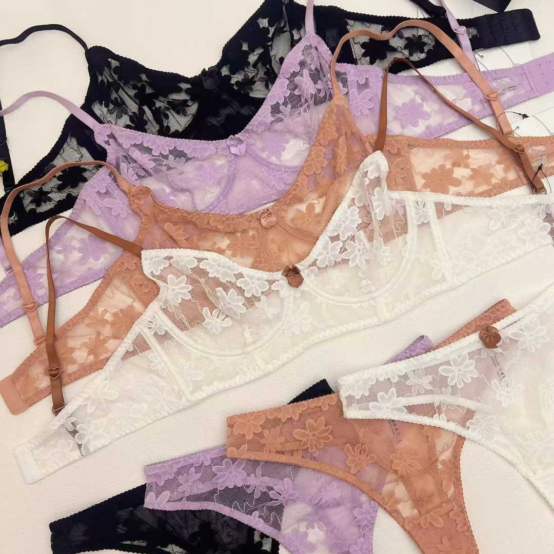 FREEDOMBEAUTY | Cross-border European and American French underwear sexy lace ultra-thin perspective sex bra embroidery big chest small bra set