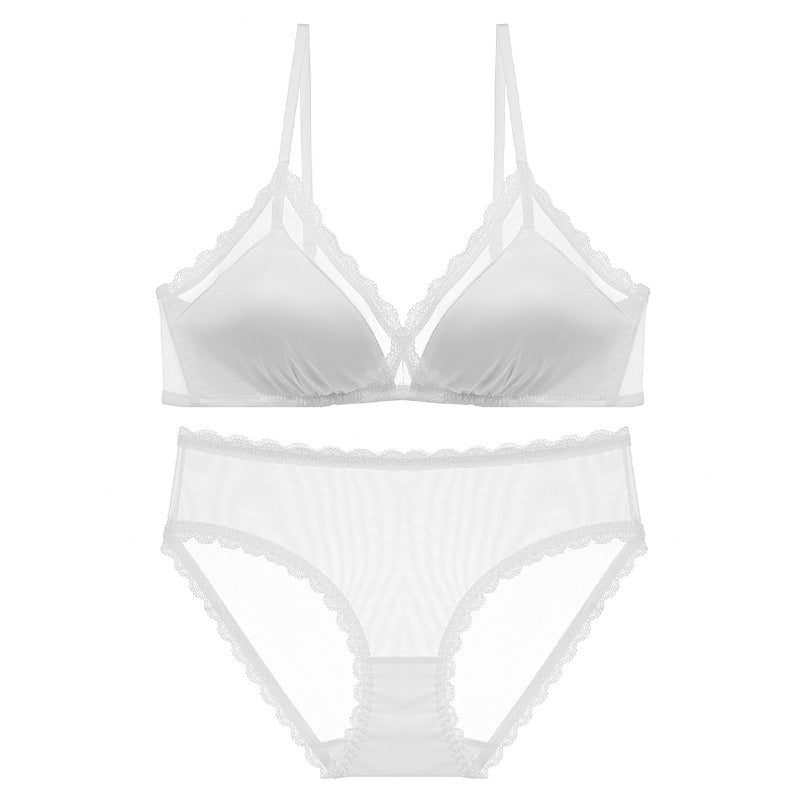 FREEDOMBEAUTY | Summer Sexy Underwear French Pure Desire Triangle Cup Steel Rim Free Bra Glossy Lace Small Breasts Gathering Underwear Set