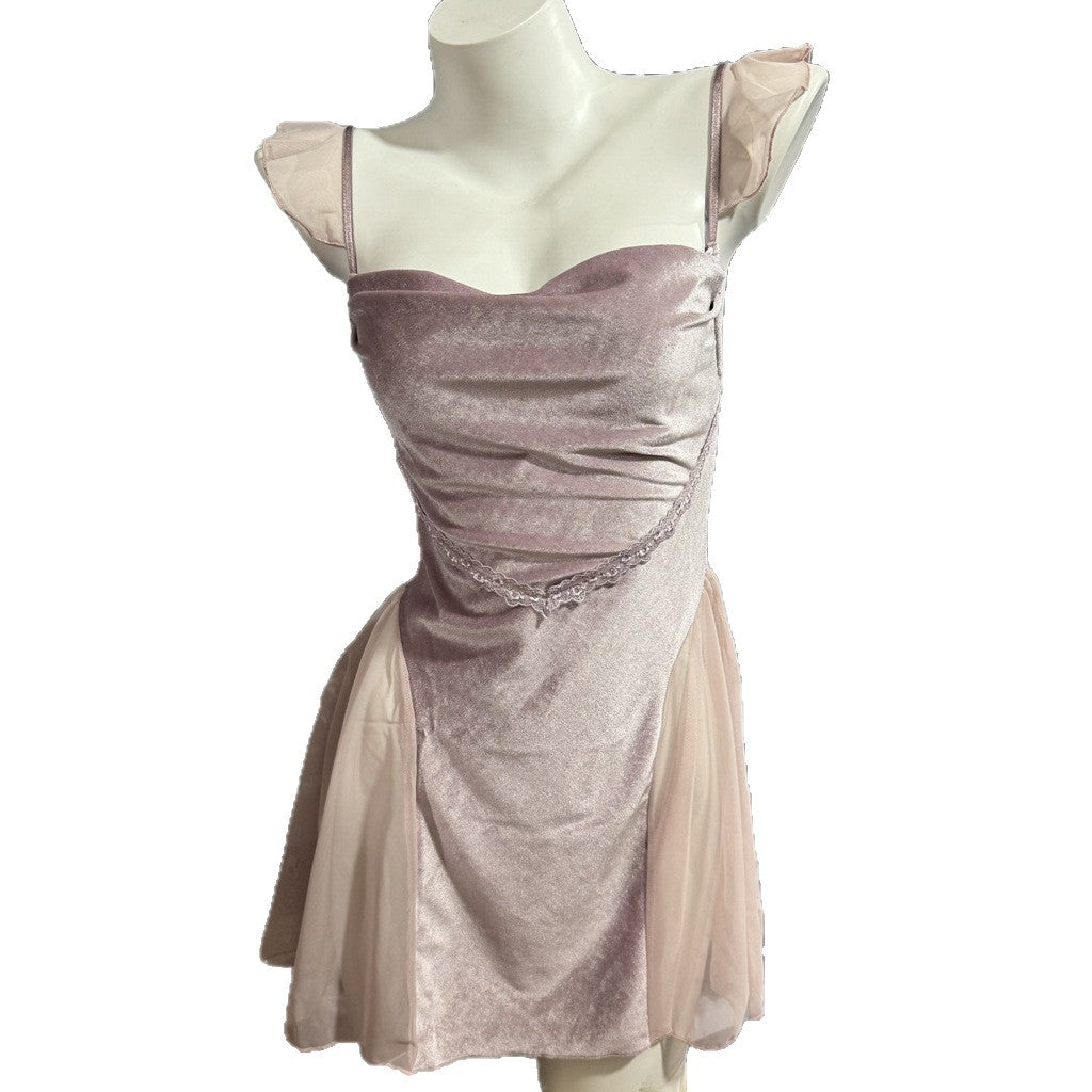 FREEDOMBEAUTY | 8012 New Sexy Women's Velvet Zhao Ruth Same Mesh Ribbon Dress Dress Pajamas