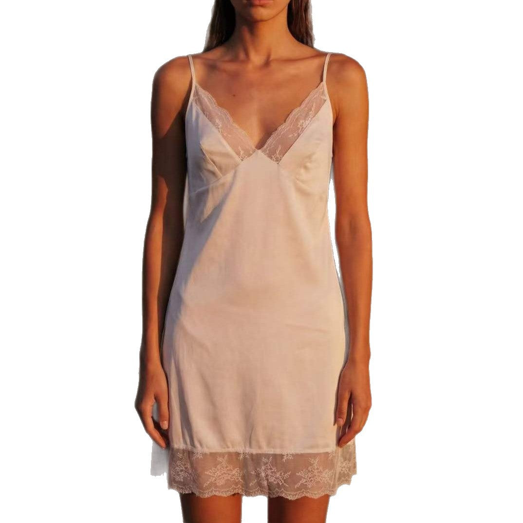 FREEDOMBEAUTY | Xia Xin Sexy Suspender Pajamas Pure Desire Wind Embroidery V-Neck Pajamas Foreign Trade Spring and Summer Simulation Silk Dress Homewear