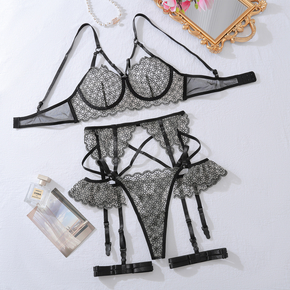 Freedombeauty | New lace bra sex set sexy fashion hollow perspective underwear four-piece set