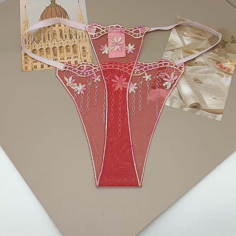 FREEDOMBEAUTY | Sexy low waist seduction lace perspective hollow women's thong transparent red mesh embroidery sexy cross-border