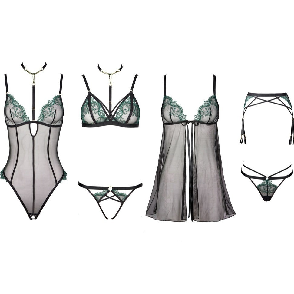 Freedombeauty | FQ2765 Premium Embroidered Mesh Thin Transparent Sex Underwear Rhinestone Removable T-Scrotch Garter Set